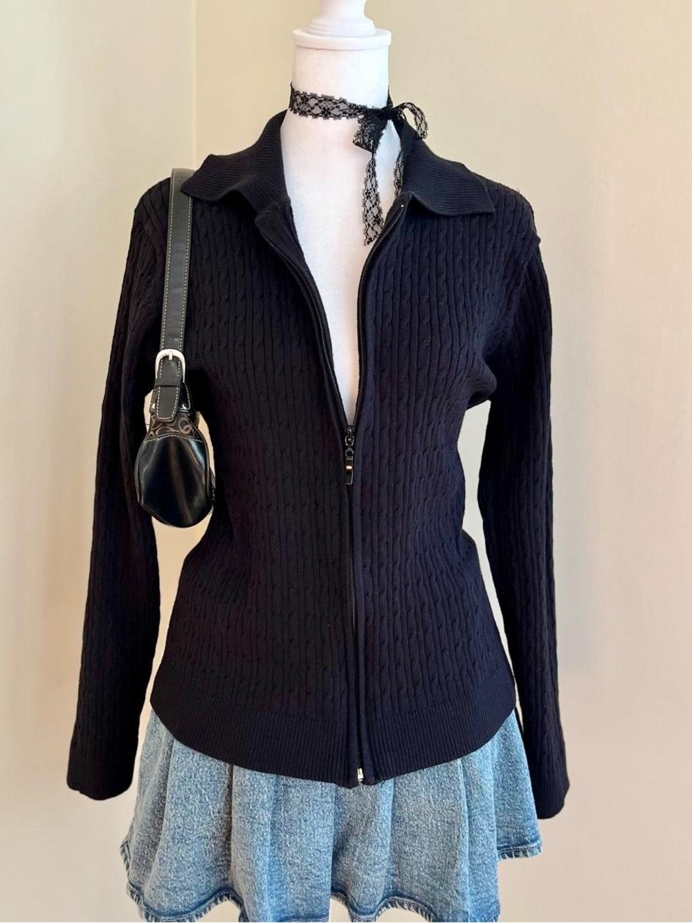 Y2K Bella Swan black zip up cardigan sweater ribbed cable knit vintage preppy L